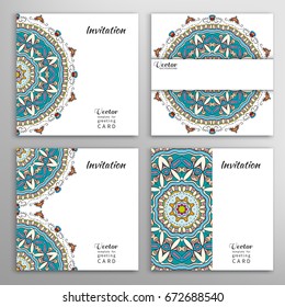 Cards or Invitations set with tribal ethnic mandala ornament, doodle floral geometric pattern for wedding, bridal, Valentine's day, greeting card or birthday invitation. Decorative colorful background