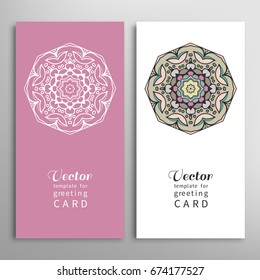 Cards or Invitations set with tribal ethnic mandala ornament, doodle floral geometric pattern for wedding, bridal, Valentine's day, greeting card or birthday invitation. Decorative colorful background