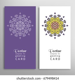Cards or Invitations set with tribal ethnic mandala ornament, doodle floral geometric pattern for wedding, bridal, Valentine's day, greeting card or birthday invitation. Decorative colorful background