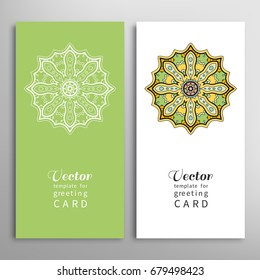 Cards or Invitations set with tribal ethnic mandala ornament, doodle floral geometric pattern for wedding, bridal, Valentine's day, greeting card or birthday invitation. Decorative colorful background