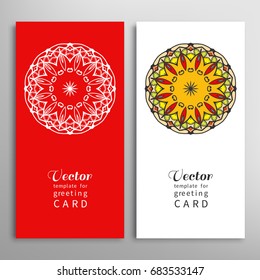 Cards or Invitations set with tribal ethnic mandala ornament, doodle floral geometric pattern for wedding, bridal, Valentine's day, greeting card or birthday invitation. Decorative colorful background