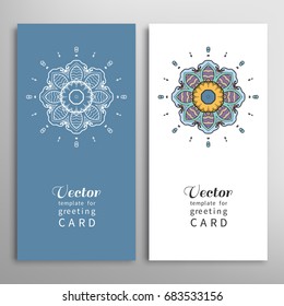 Cards or Invitations set with tribal ethnic mandala ornament, doodle floral geometric pattern for wedding, bridal, Valentine's day, greeting card or birthday invitation. Decorative colorful background
