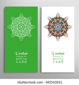 Cards or Invitations set with tribal ethnic mandala ornament, doodle floral geometric pattern for wedding, bridal, Valentine's day, greeting card or birthday invitation. Decorative colorful background