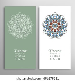 Cards or Invitations set with tribal ethnic mandala ornament, doodle floral geometric pattern for wedding, bridal, Valentine's day, greeting card or birthday invitation. Decorative colorful background