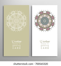 Cards or Invitations set with tribal ethnic mandala ornament, doodle floral geometric pattern for wedding, bridal, Valentine's day, greeting card or birthday invitation. Decorative colorful background