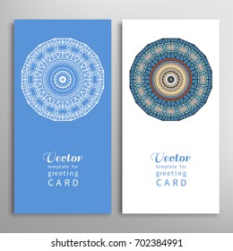 Cards or Invitations set with tribal ethnic mandala ornament, doodle floral geometric pattern for wedding, bridal, Valentine's day, greeting card or birthday invitation. Decorative colorful background