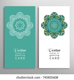 Cards or Invitations set with tribal ethnic mandala ornament, doodle floral geometric pattern for wedding, bridal, Valentine's day, greeting card or birthday invitation. Decorative colorful background