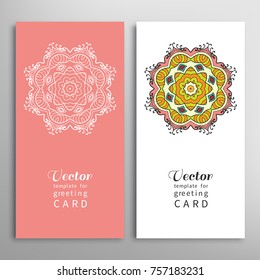 Cards or Invitations set with tribal ethnic mandala ornament, doodle floral geometric pattern for wedding, bridal, Valentine's day, greeting card or birthday invitation. Decorative colorful background