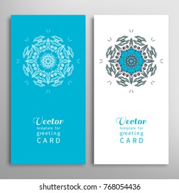 Cards or Invitations set with tribal ethnic mandala ornament, doodle floral geometric pattern for wedding, bridal, Valentine's day, greeting card or birthday invitation. Decorative colorful background