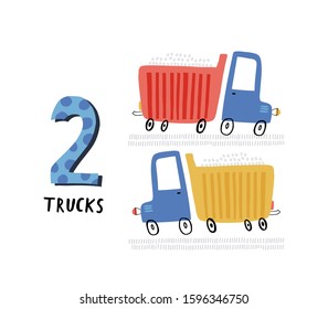 Cards for kids: Learn numbers. Number two.  Posters with trucks. Vector illustration.