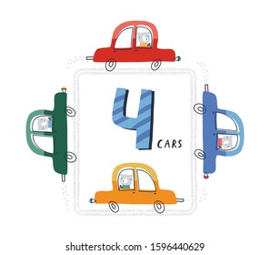 Cards for kids: Learn numbers. Number four.  Posters with cars. Vector illustration.