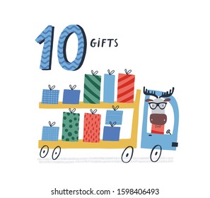 Cards for kids: Learn numbers. Number ten.  Posters with truck and 10 gifts. Vector illustration. Counting Game for Preschool Children.