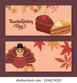cards with label thanksgiving day and food vector illustration design