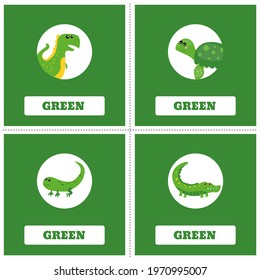 Cards for Learning Colors. Green color. Education set. Illustration of primary colors.