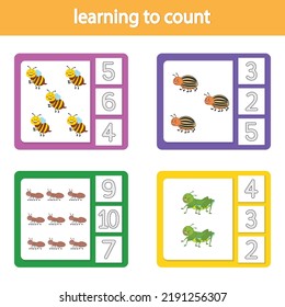 Tarjetas para aprender a contar de 1 a 10. insectos. Un juego para el desarrollo de inteligencia y lógica para niños preescolares. Ilustración de vetor. Hoja impresa