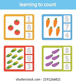 Cards for learning to count from 1 to 10. Vegetables. A game for the development of intelligence and logic for preschool children. Vetor illustration. Printable sheet