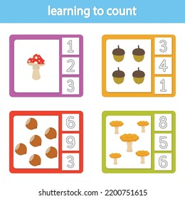 Cards for learning to count from 1 to 10. mushrooms and leaves. A game for the development of intelligence and logic for preschool children. Vetor illustration. Printable sheet