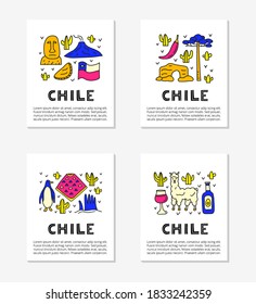 Cards with lettering and doodle colored Chile icons including Easter island statue, Villarrica volcano, araucaria tree, empanadas, penguin, poncho, alpaca, avocado oil isolated on grey background.