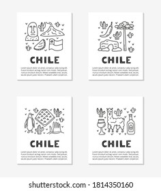 Cards with lettering and doodle outline Chile icons including Easter island statue, Villarrica volcano, araucaria tree, empanadas, penguin, poncho, alpaca, avocado oil isolated on grey background.