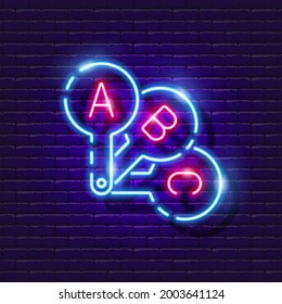 Cards with lettering neon sign. Learning the alphabet glowing sign. Vector illustration for design. Preschool education concept.
