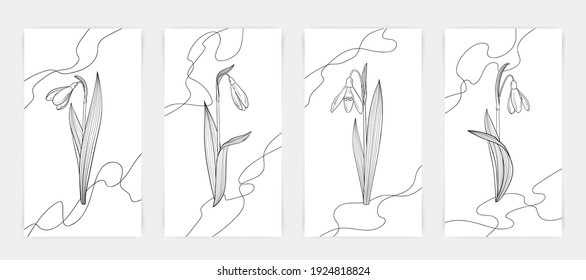 Cards with line art snowdrops. Template for cards, invitations, thank you. Black and white illustration.