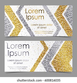 Cards With Lines From Gold And Silver Confetti, Sparkles, Glitter And Space For Text On White Background. Vector Illustration. Elements For Banner, Design, Logo, Web, Invitation, Business, Party.