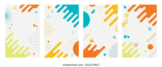 Tarjetas con muchas formas geométricas vectoriales. Elementos gráficos de moda de Memphis. Plantilla para su proyecto, publicidad, banner, afiche, camiseta.
