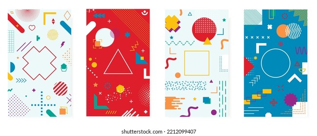 Cards with lots of vector geometric shapes. Memphis trendy graphic elements. Template for your project, advertising, banner, poster, t-shirt.