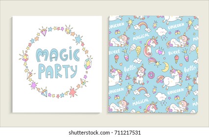 Cards for magic party . Vector Seamless pattern with unicorns, donuts, rainbow,  hearts and other elements.