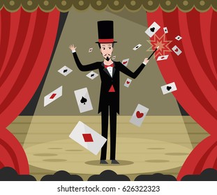 Cards Magic Trick Magician On Theater Stage