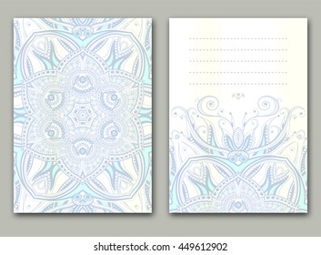 Cards with mandala. Vector blue backgrounds or invitation. Geometric circle pattern.
