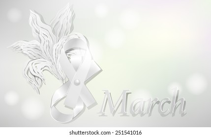 Cards for March 8. Bow and flower with a 3D effect on a gray background with bokeh