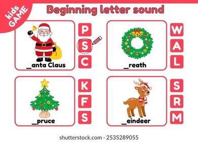 Cards matching educational game of beginning letter sound. Worksheet for learning kids English Christmas words. Spelling training. Cartoon Santa Claus, reindeer, spruce, wreath. Vector illustration.