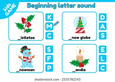 Cards matching educational game of beginning letter sound. Worksheet for learning kids English Christmas words. Spelling training. Cartoon snowman, mistletoe, candle, snow globe. Vector illustration.