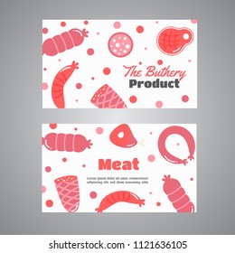 Cards with meat products. Flat meat farm elements. Butcher promo banners, cards, brochure, sale, promotion. Vector