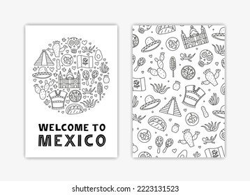 Cards with Mexican national landmarks, food and attractions in doodle style and space for text isolated on grey background.