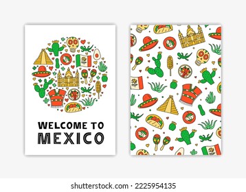 Cards with Mexican national landmarks, food and attractions in doodle style and space for text isolated on grey background.