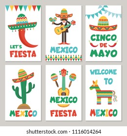 Cards with mexican symbols. Vector mexico card, fiesta and cinco de mayo illustration