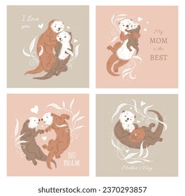 Cartas para madres y día familiar con nutrias marinas lindo personaje de dibujos animados, ilustración vectorial plana. Recogida de tarjetas de felicitación y afiches con nutrias animales.