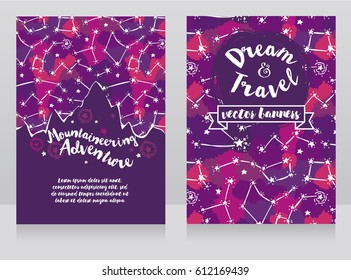 cards for mountaineering with mountain silhouette on starry sky, can be used as invitation for camping, sketch style, vector illustration