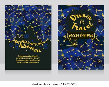 cards for mountaineering with mountain silhouette on starry sky, can be used as invitation for camping, sketch style, vector illustration