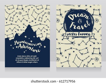 cards for mountaineering with mountain silhouette on starry sky, can be used as invitation for camping, sketch style, vector illustration