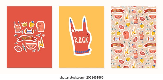 Cards with musical elements and print in flat style for festivals, flyer and poster. Music invitation. Vector stock illustration