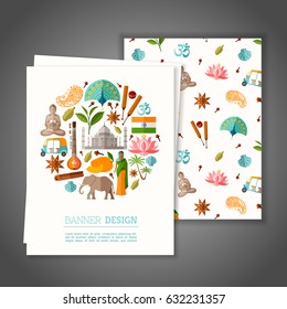Cards with national symbols of India. Greeting or Invitation vector card on indian theme. Branding Design. Banner.