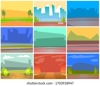 Cards with natural landscape backgrounds, urban city buildings silhouettes. Shadow of skyscrapers, asphalt sidewalk, green nature in town. Vector place for cafe or restaurant, empty space for design