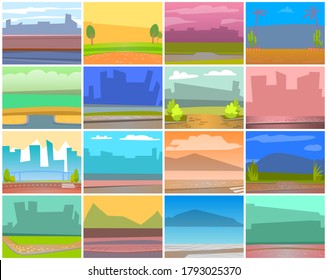 Cards with natural landscape backgrounds, urban city buildings silhouettes. Shadow of skyscrapers, asphalt sidewalk, green nature in town. Vector place for cafe or restaurant, empty space for design