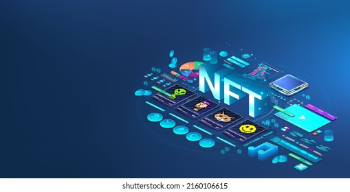 Tarjeta NFT token con cripto. Tokens digitales no fungibles con píxeles artísticos en isométrico. NFT se identifica con la información de la cadena de bloqueo. ERC20. Arte de Criptodivisa 3D. Ilustración del vector azul