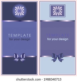 Cards with nomad patterns and blue bows for invitations and greetings. Тemplate for your wedding design.