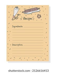 Cards for notes from cookbook, culinary paper template - doodle vector illustration. List of ingredients and description with hand drawn kitchen utensil for baking.