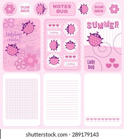 Cards and notes creeping ladybug pink vector set. note 